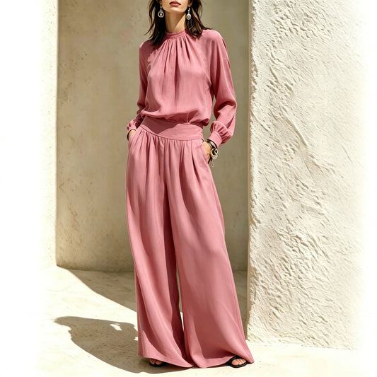 Women's Stand-Up Collar Puff Sleeve Blouse & Wide-Leg Pants Set
