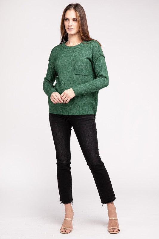 MELANGE HI-LOW HEM ROUND NECK SWEATER