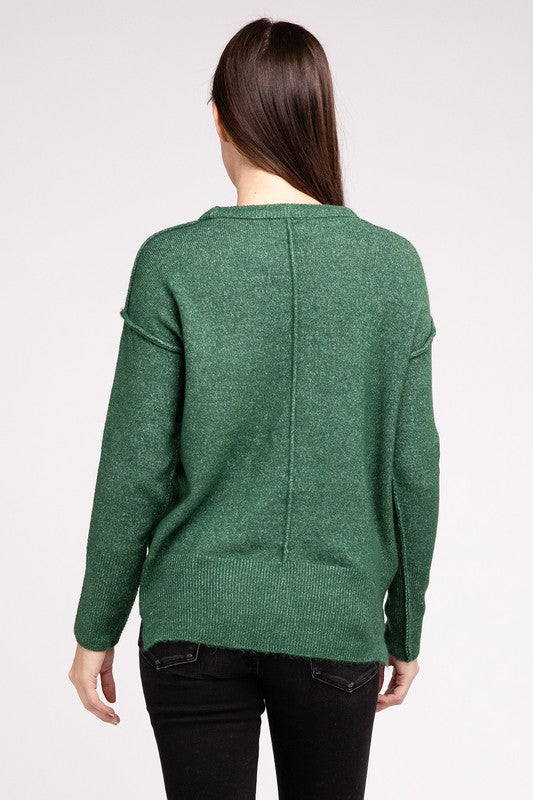 MELANGE HI-LOW HEM ROUND NECK SWEATER