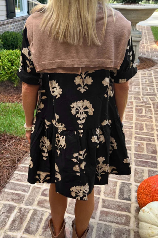 Floral Frilled V-Neck Puff Sleeve Mini Dress