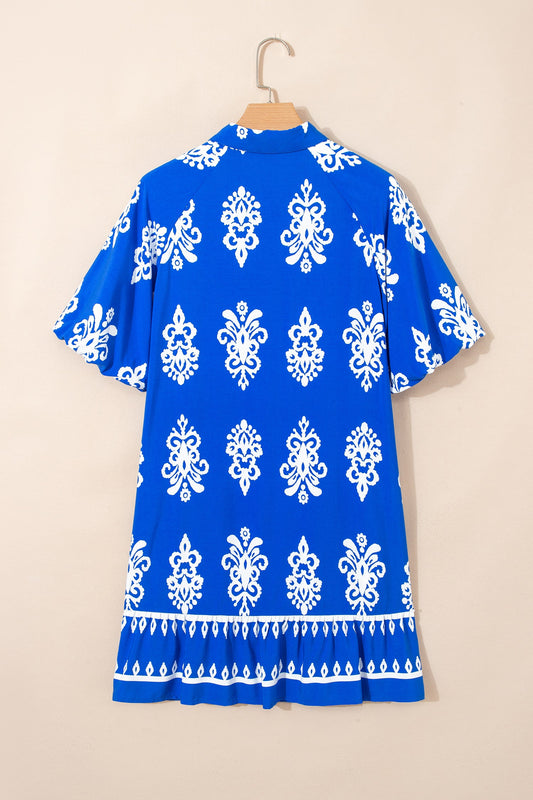 Boho Geometric Collared Button Front Mini Dress