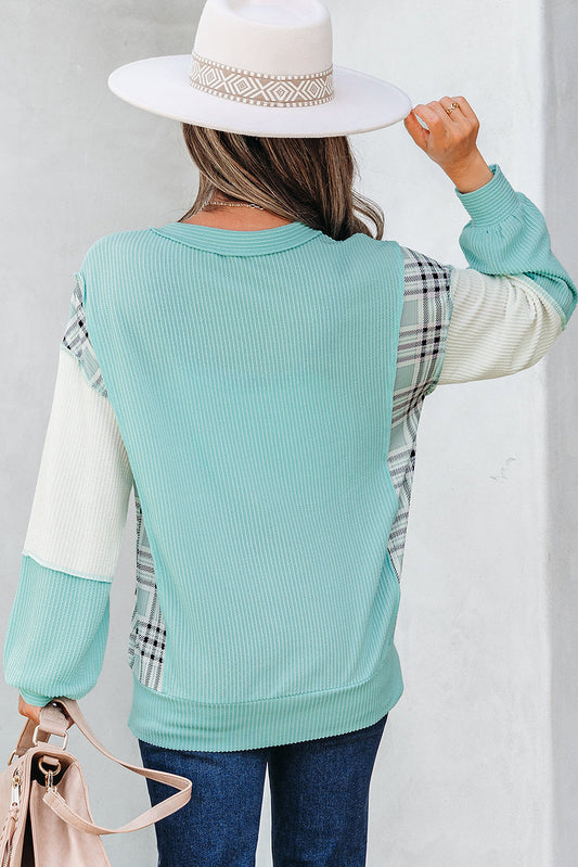 Plaid Colorblock Corded Patchwork Long Sleeve Top