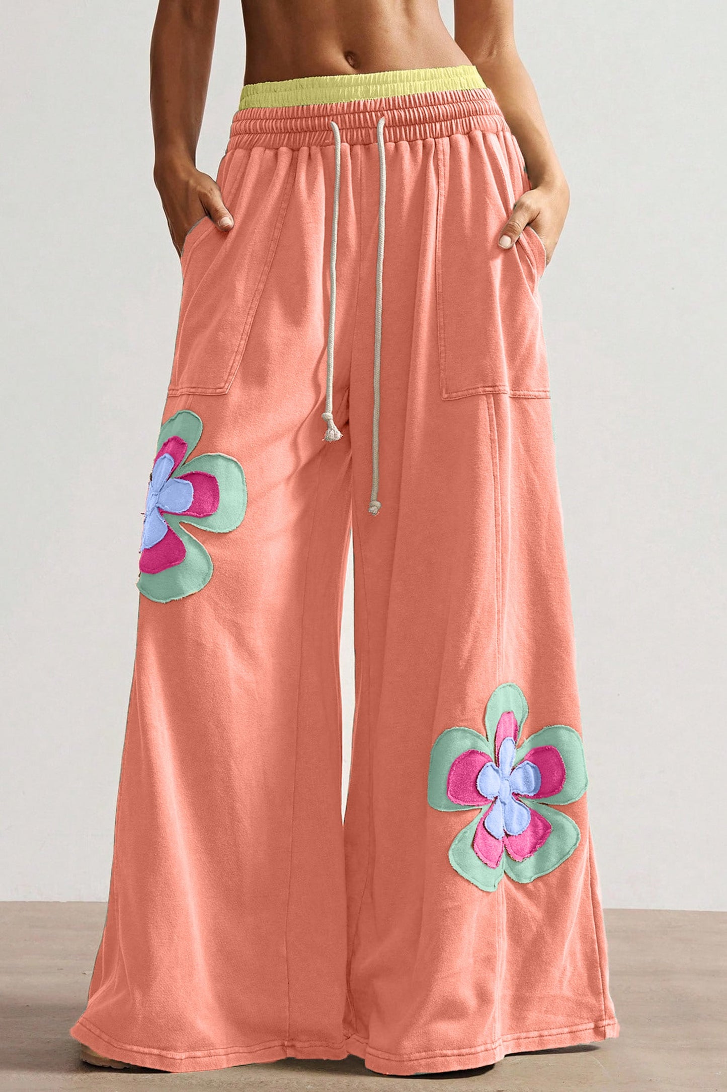 Colorblock Flower Patchwork Drawstring Wide Leg Pants