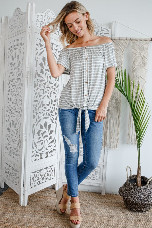 STRIPE OFF SHOULDER BUTTON DOWN TOP