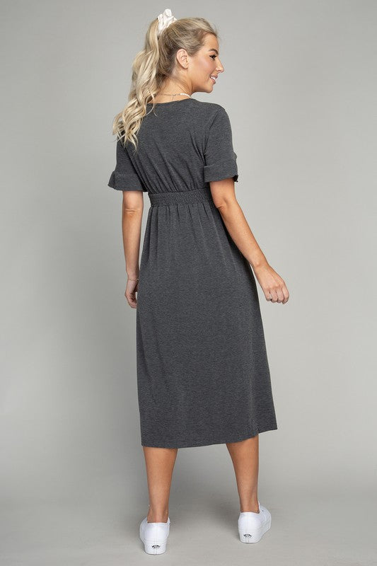 Button Trim Knit Midi Dress