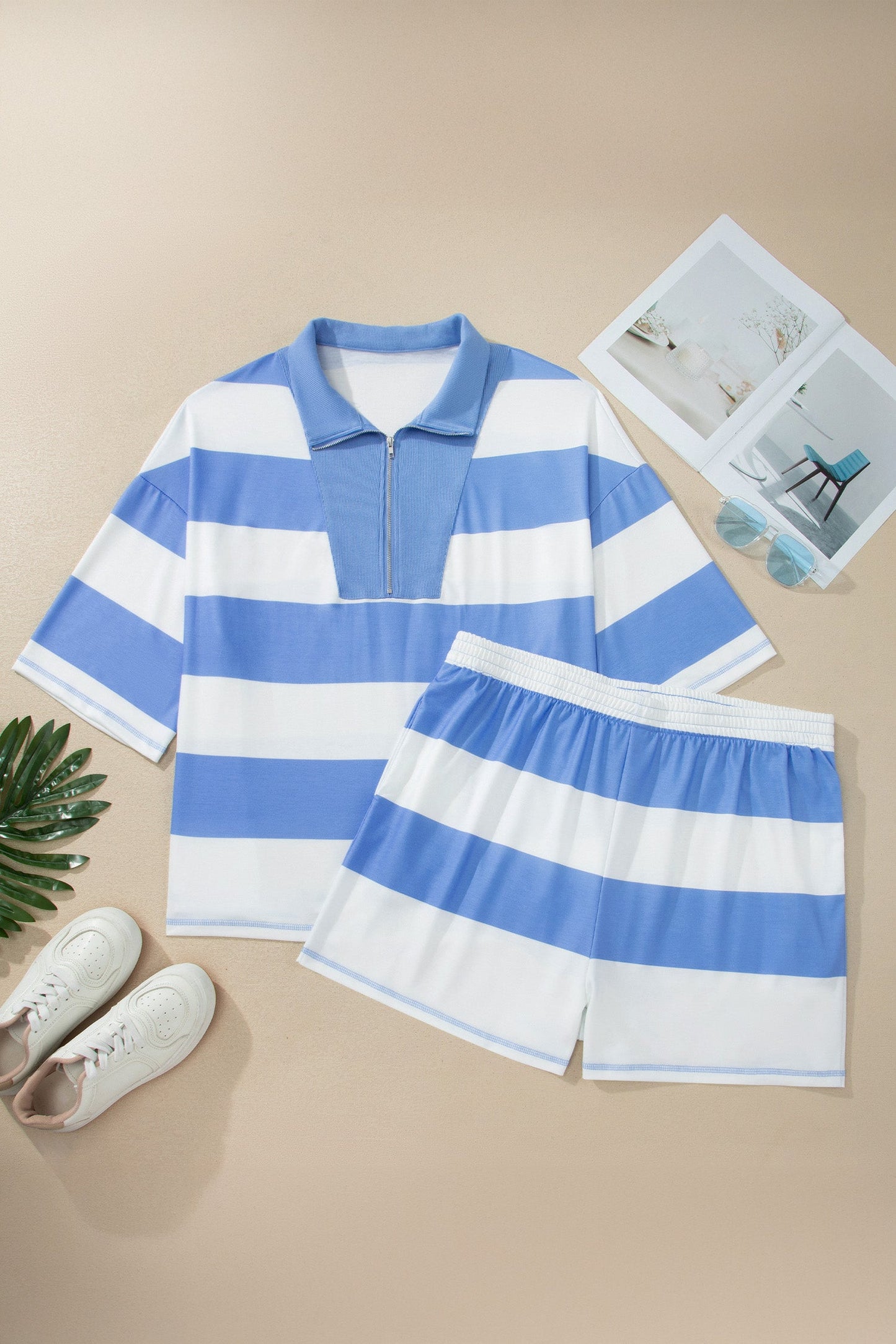 Plus Size Stripe Zipped Collar Top & Shorts Set