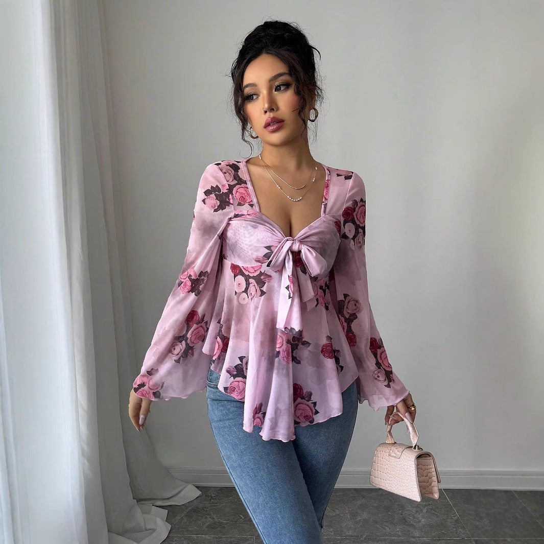 Floral Ombré Tie-Back Square Neck Long Sleeve Blouse – Sweet Style