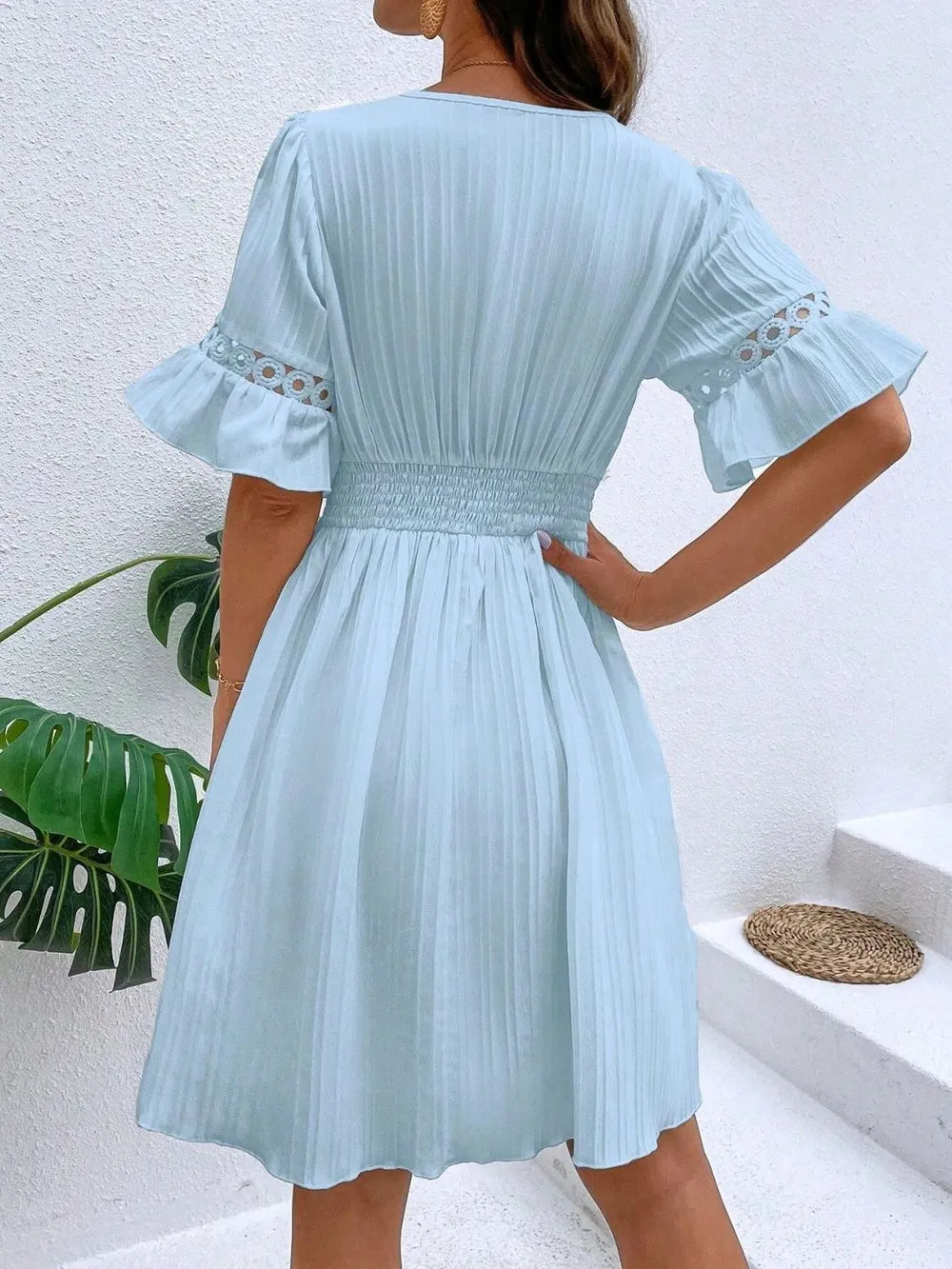 Cutout V-Neck Flounce Sleeve Mini Dress – Ruffled Lined Style