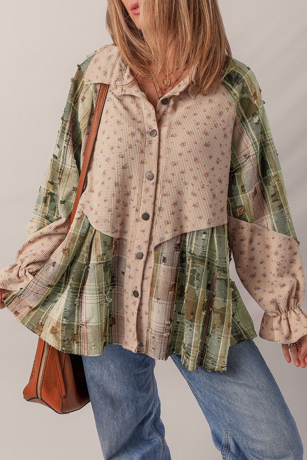 Floral Plaid Patchwork Ruffle Waffle Knit Shacket