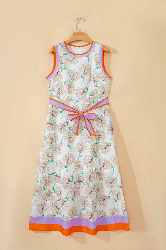 Floral Colorblock Trim Belted Sleeveless Maxi Dress