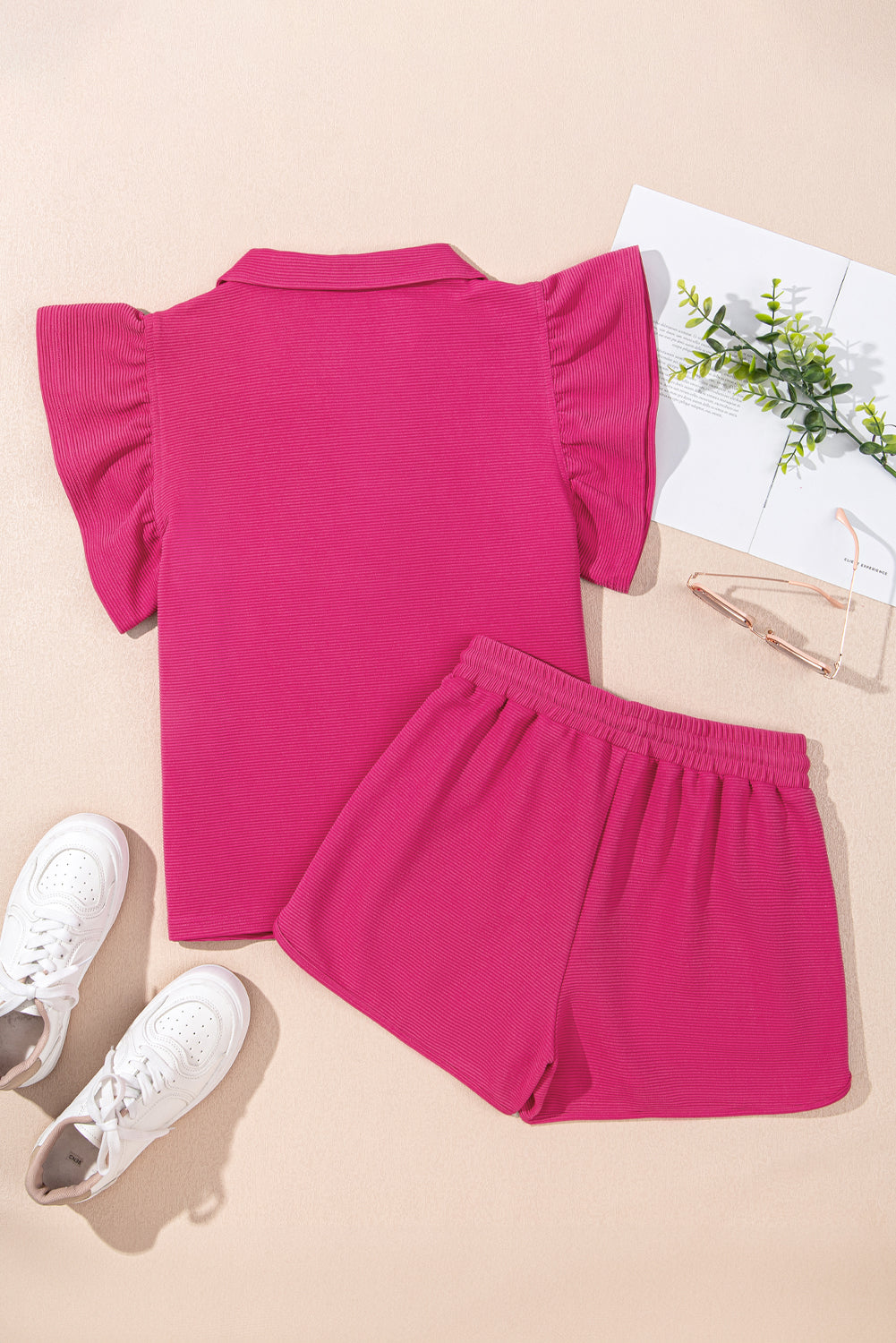 Sol Striped Detail Flutter Sleeve Zipped Collar Short Set