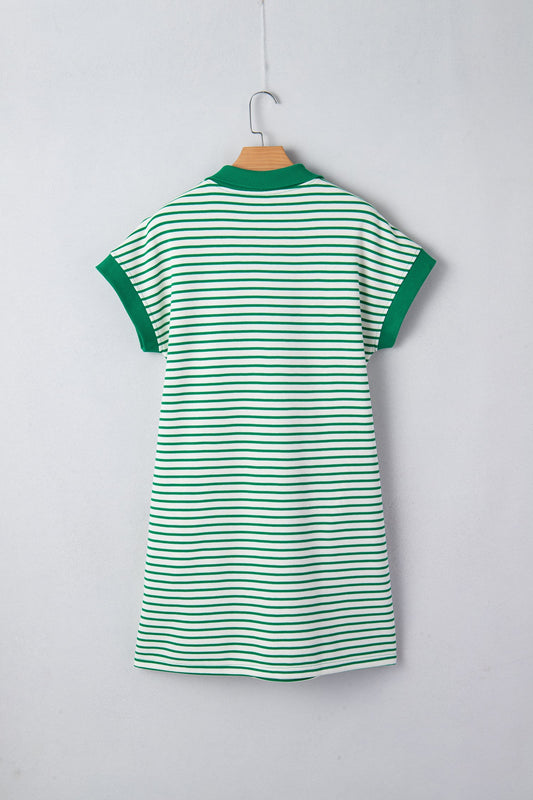 Stripe Quarter Zip Polo Collar T-Shirt Dress