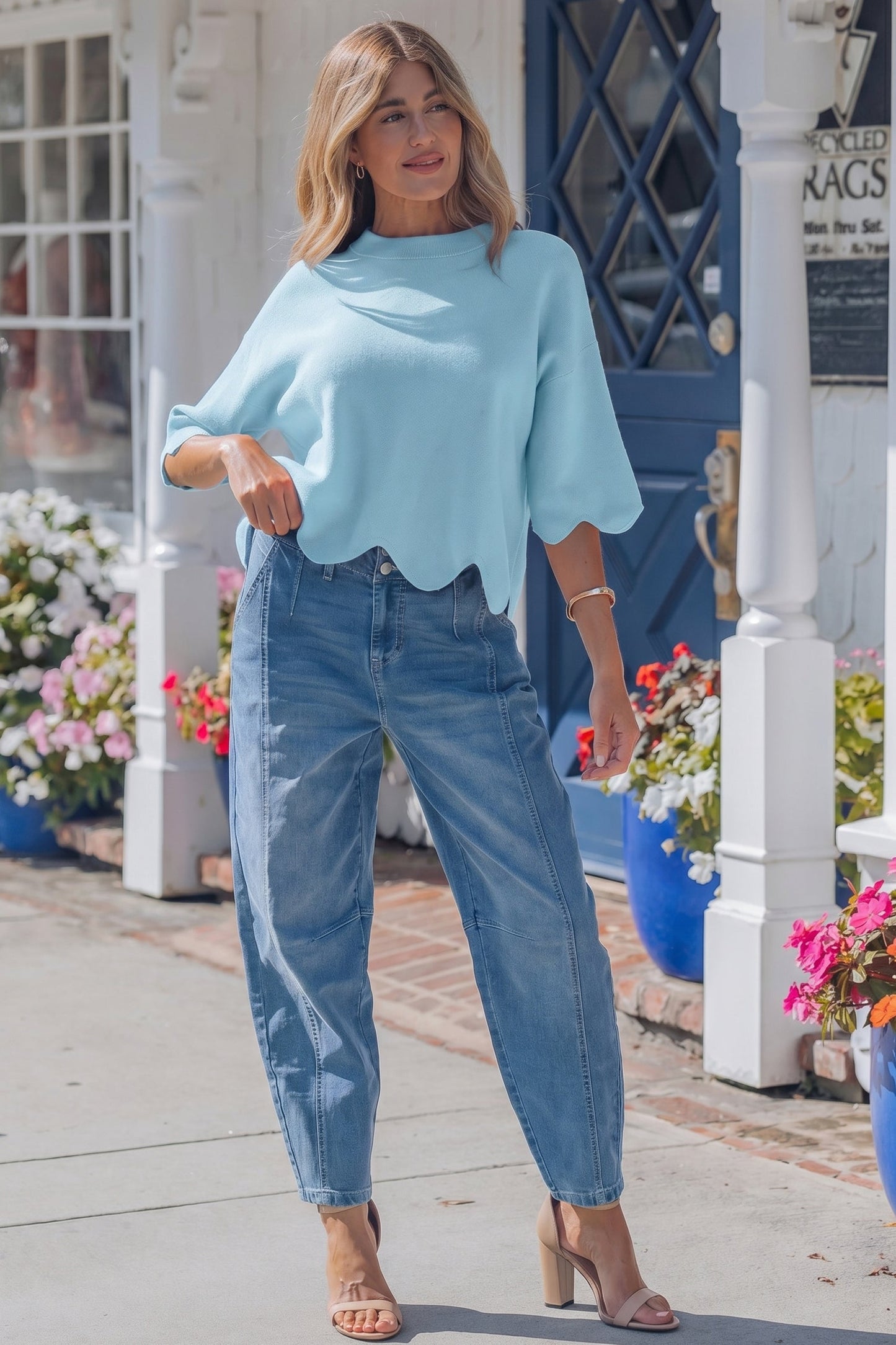 Solid Scalloped Hem 3/4 Sleeve Sweater Top