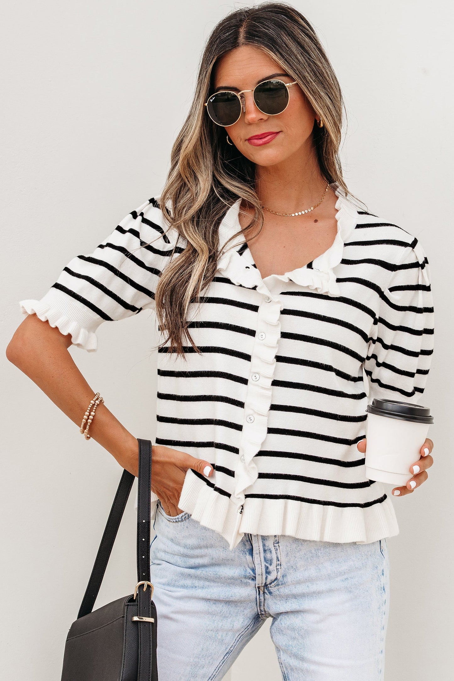 Stripe Ruffle Knit Short Sleeve Buttoned Cardigan