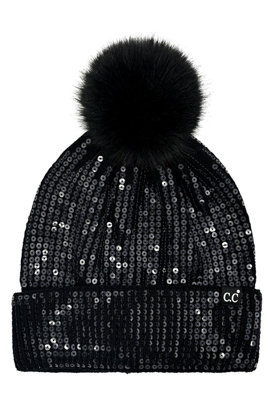 C.C Women's All Over Clear Sequin Pom Beanie