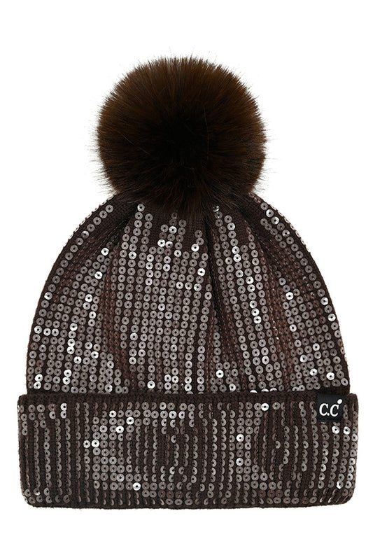 C.C Women's All Over Clear Sequin Pom Beanie