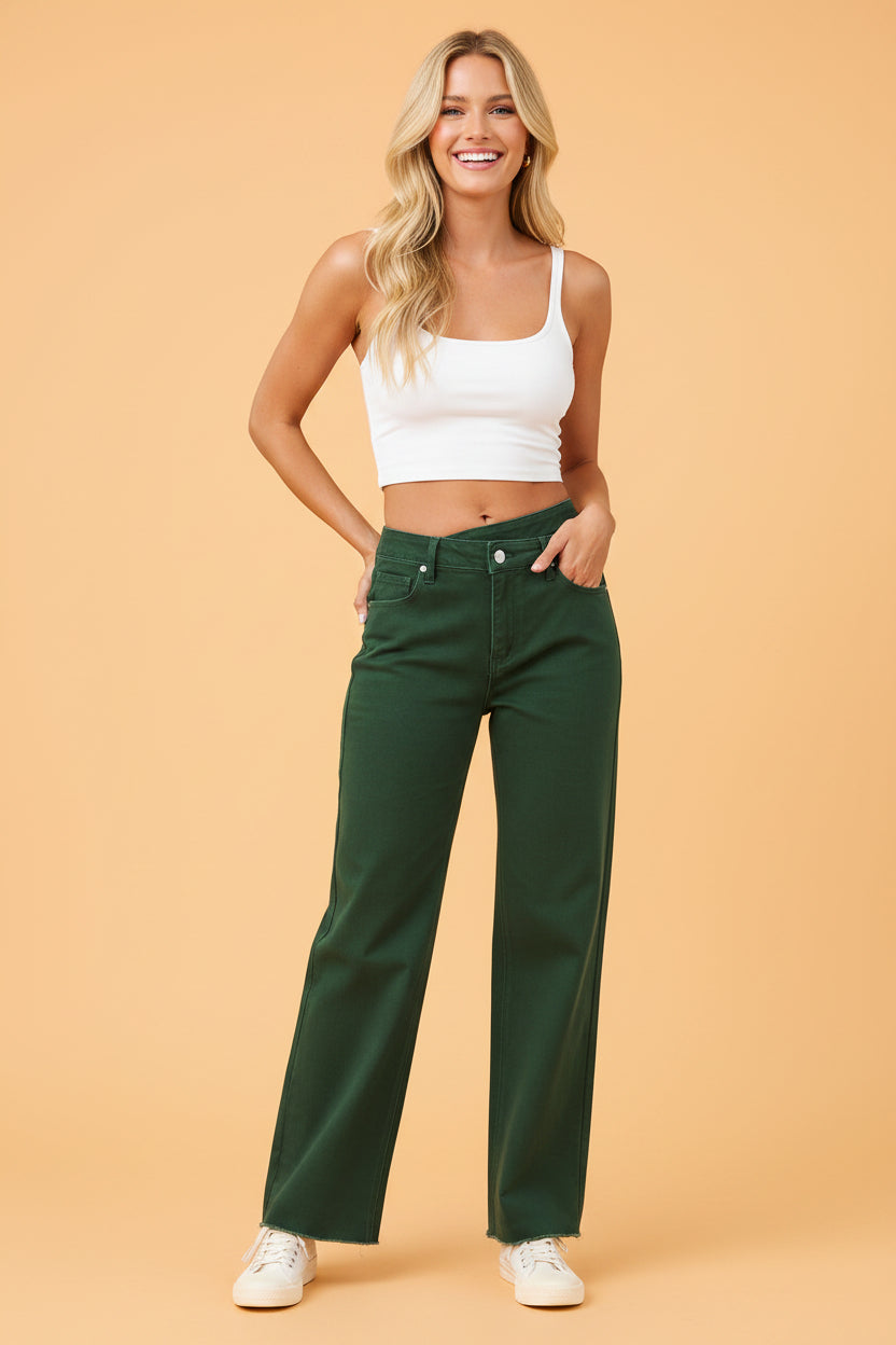 Solid Denim Crossed Waist Raw Hem Jeans