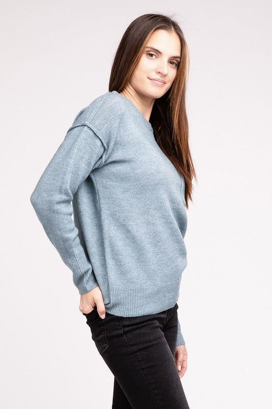 MELANGE HI-LOW HEM ROUND NECK SWEATER