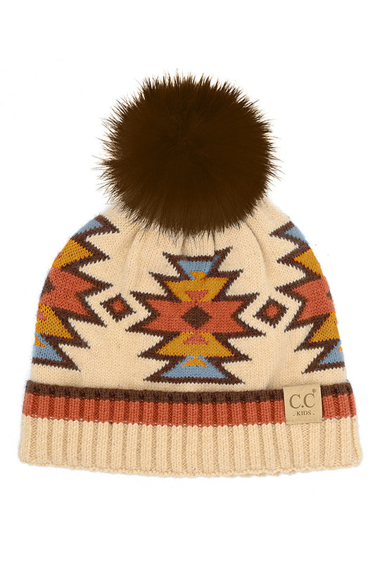 C.C Kids Southwest Pattern Faux Fur Pom Beanie