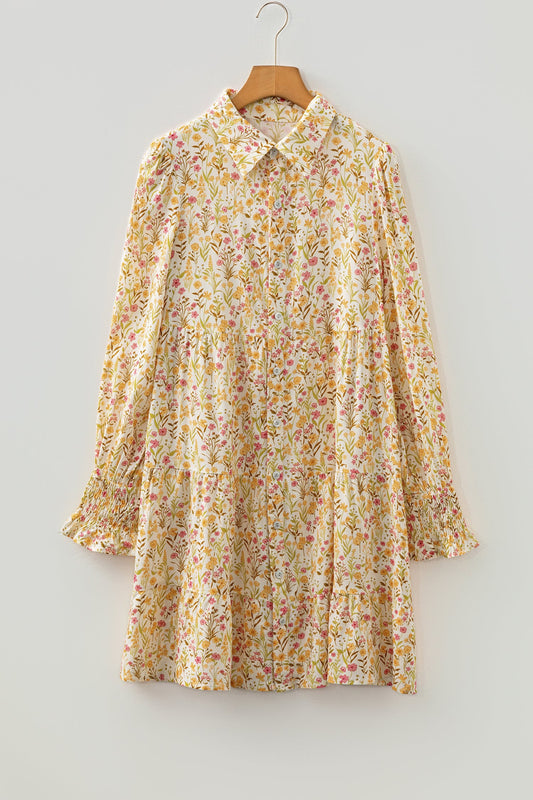 Floral Frilled Trim Smocked Cuff Dress