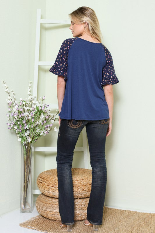 Solid Floral Short Sleeve Contrast Top