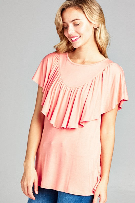 SOLID RUFFLE DETAIL CASUAL TOP