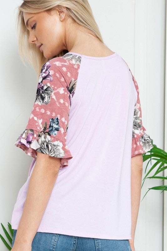Plus Solid Floral Short Sleeve Contrast Top