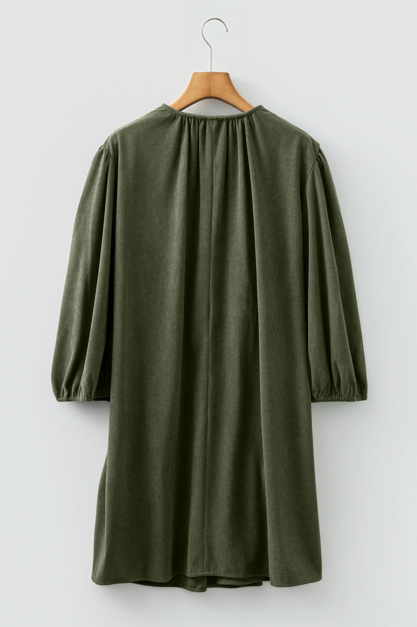 Corduroy Pleated Scallop Neck 3/4 Sleeve Mini Dress