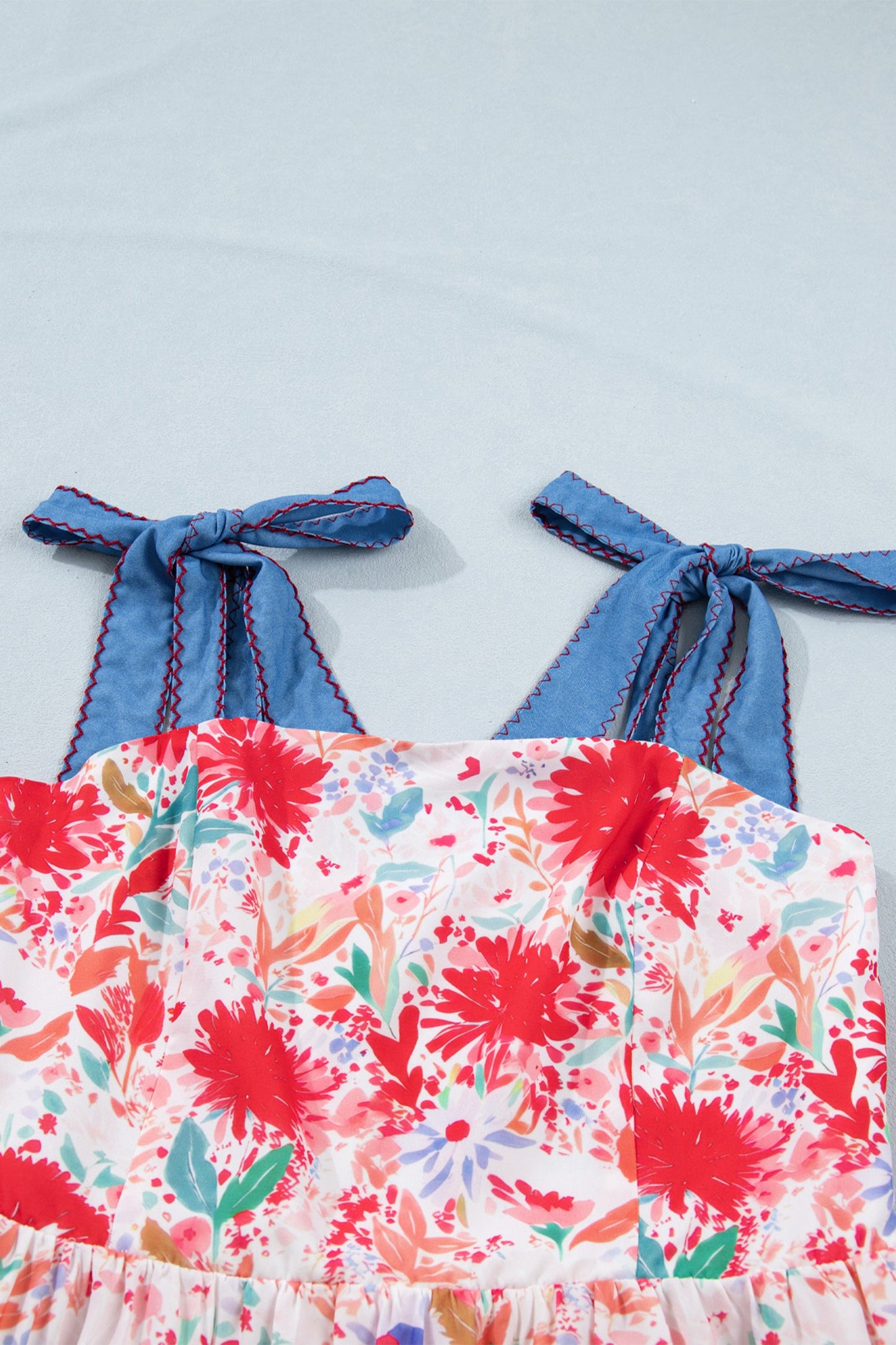 Floral Denim Tie Strap High Waist Maxi Dress