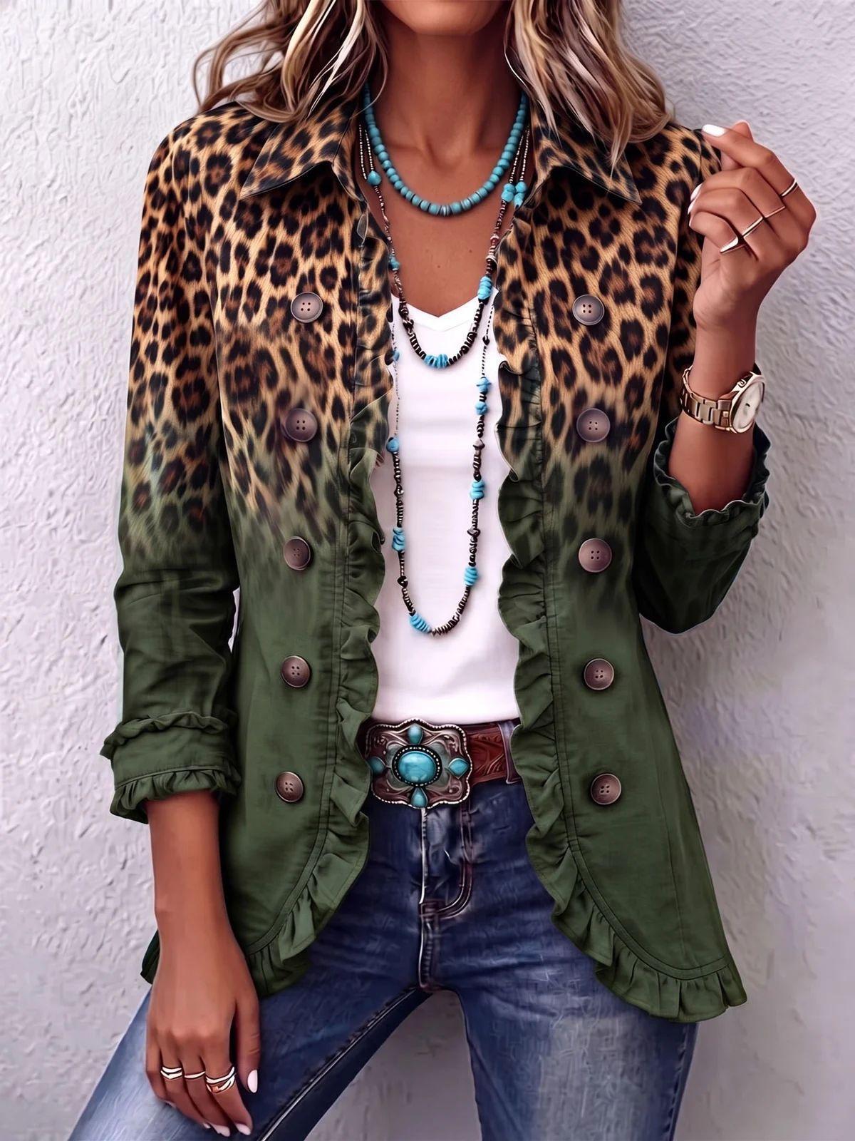 Women's Long Sleeve Cardigan – Solid & Leopard Print OL Commuter Style