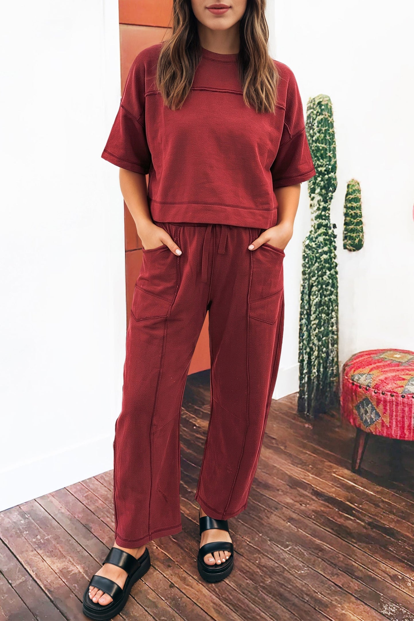 Solid Drop Shoulder Boxy Tee & Barrel Pants Set