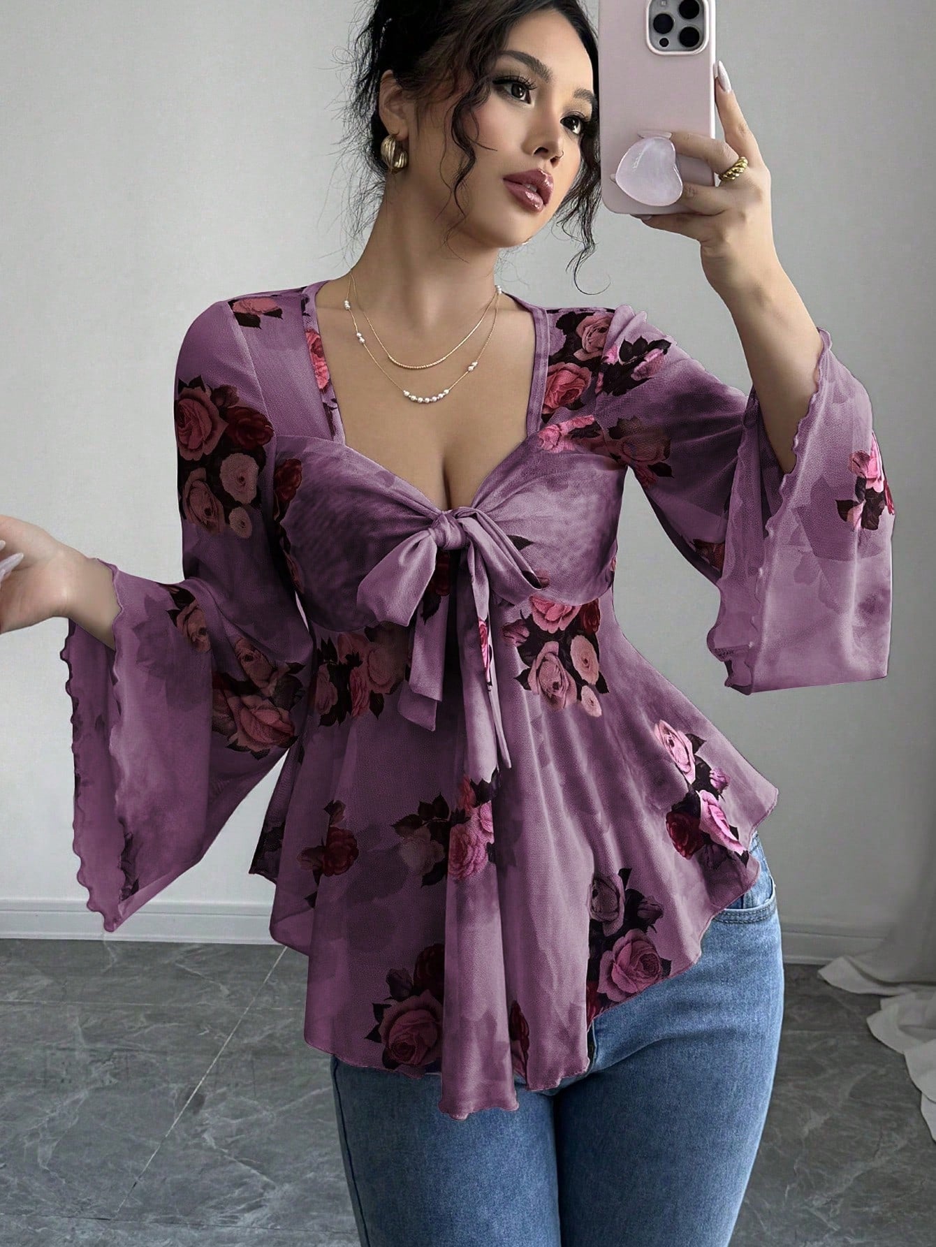 Floral Ombré Tie-Back Square Neck Long Sleeve Blouse – Sweet Style