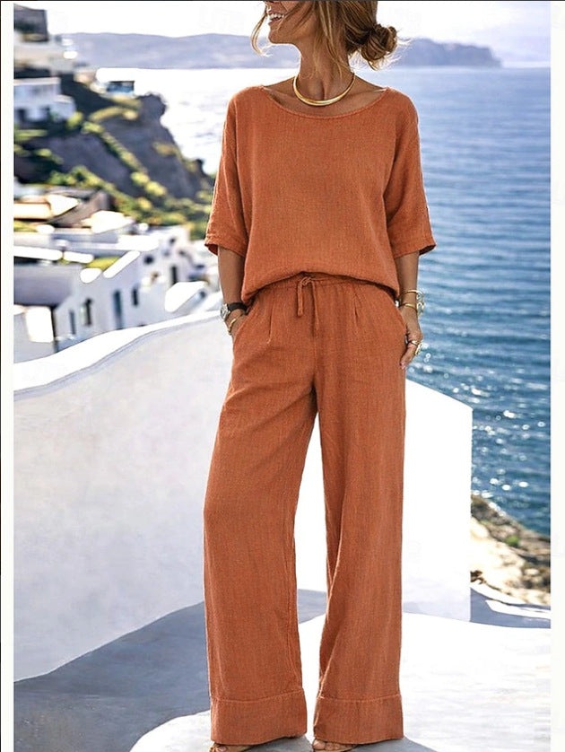 Women's Cotton Linen Resort Set – Short Sleeve Top & Wide-Leg Pants