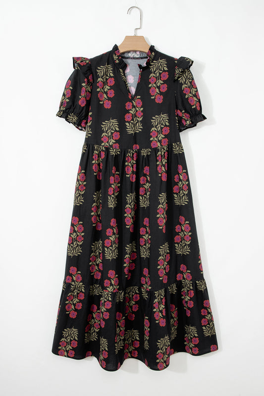 Kali Floral Short Bubble Sleeve Tiered Maxi Dress - Black