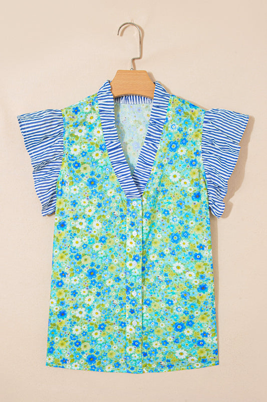 Floral Stripe Patchwork Flutter Sleeve V-Neck Blouse