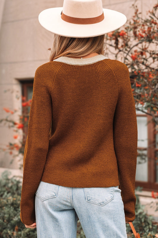 Contrast Trim Buttoned V-Neck Cropped Cardigan
