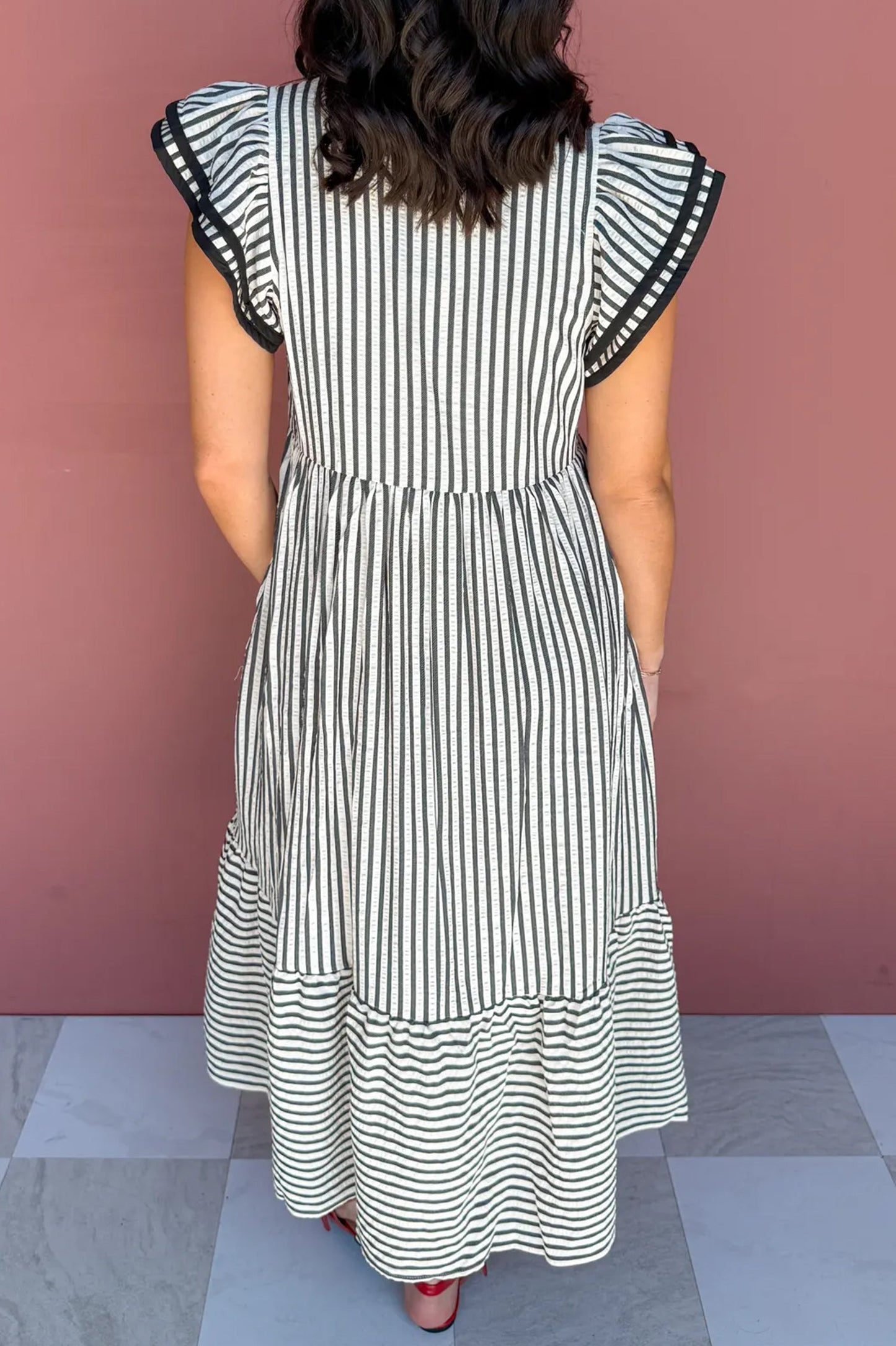 Plus Size Stripe Flutter Sleeve V-Neck Maxi Dress