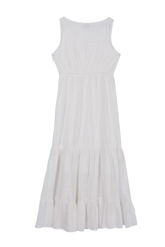 Embroidered white V neckline tiered dress