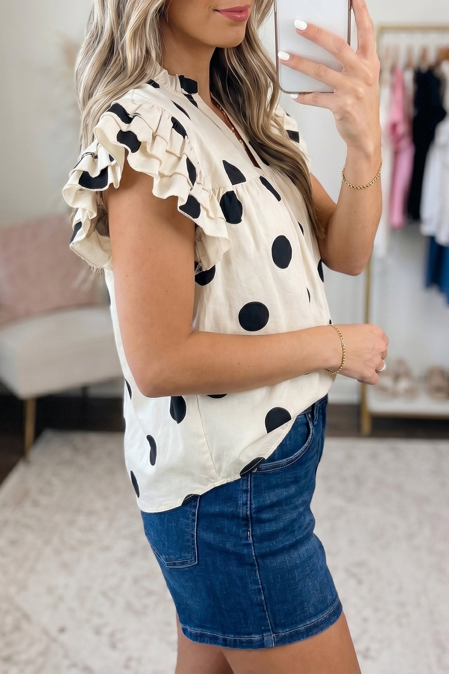 Polka Dot V-Neck Ruffle Short Sleeve Blouse