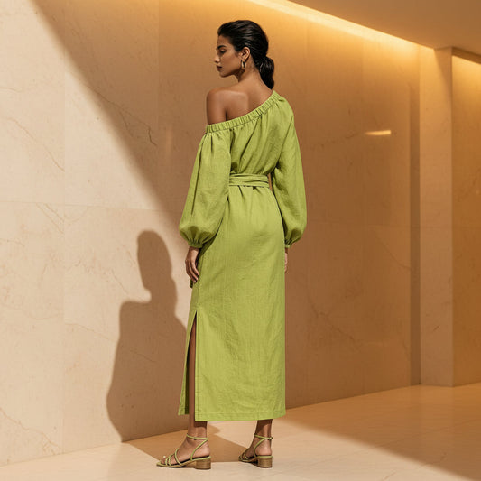 Women's Asymmetric Neck Linen Maxi Dress – Belted with Side Slit & Pockets