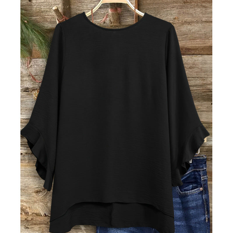 Women's Solid Color Loose Round-Neck Top – Ruffled Three-Quarter Sleeves