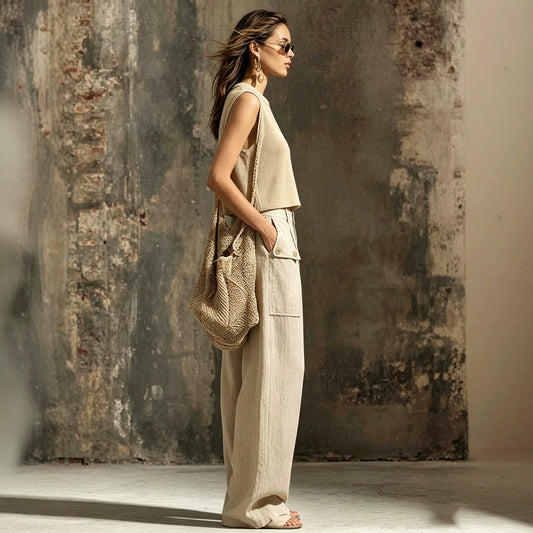 Women's Sleeveless Knit Vest & Wide Leg Pants Two-Piece Set – Casual Linen Khaki