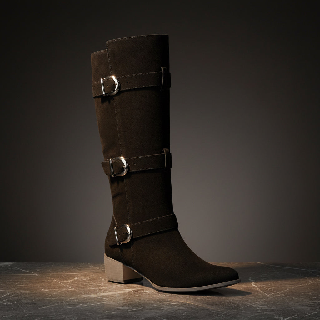 Women's Over-the-Knee High Heel Chunky Boots – Buckle Suede