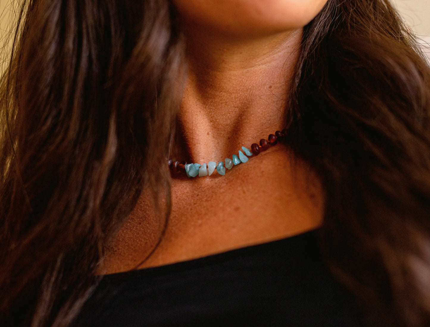 Raw Cognac Baltic Amber + Raw Aquamarine || Necklace