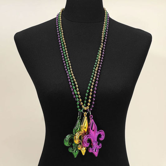 3PCS - Mardi Gras Fleur de Lis Pendant Beaded Long Necklaces