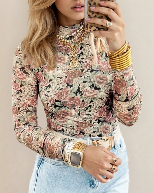 Ophelia Retro Floral Print Mock Neck Mesh Long Sleeve Top - Black