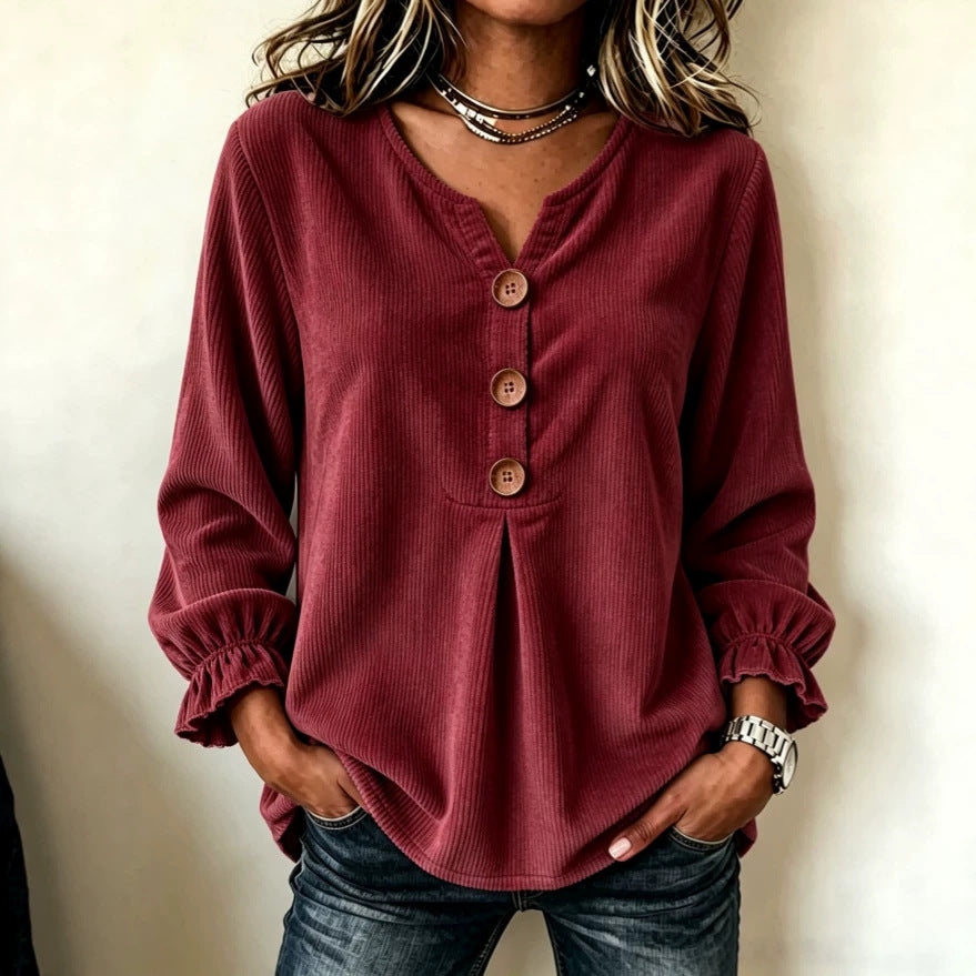 Women's Corduroy Long-Sleeve Blouse – Patchwork Minimalist Top
