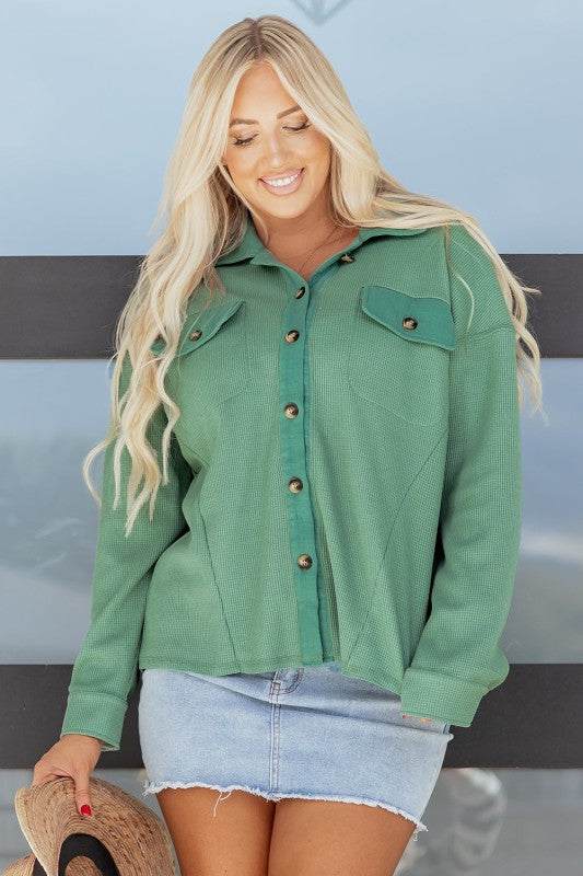 WAFFLE KNIT PATCHWORK BUTTON-UP SHIRT | MODERN EMPORIUM - Modern Emporium Boutique