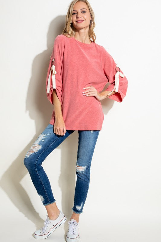 SOLID BRUSHED TERRY ROLL UP SLEEVE CASUAL TOP