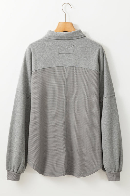 Waffle Knit Patchwork Reverse Seam Button-Up Shacket